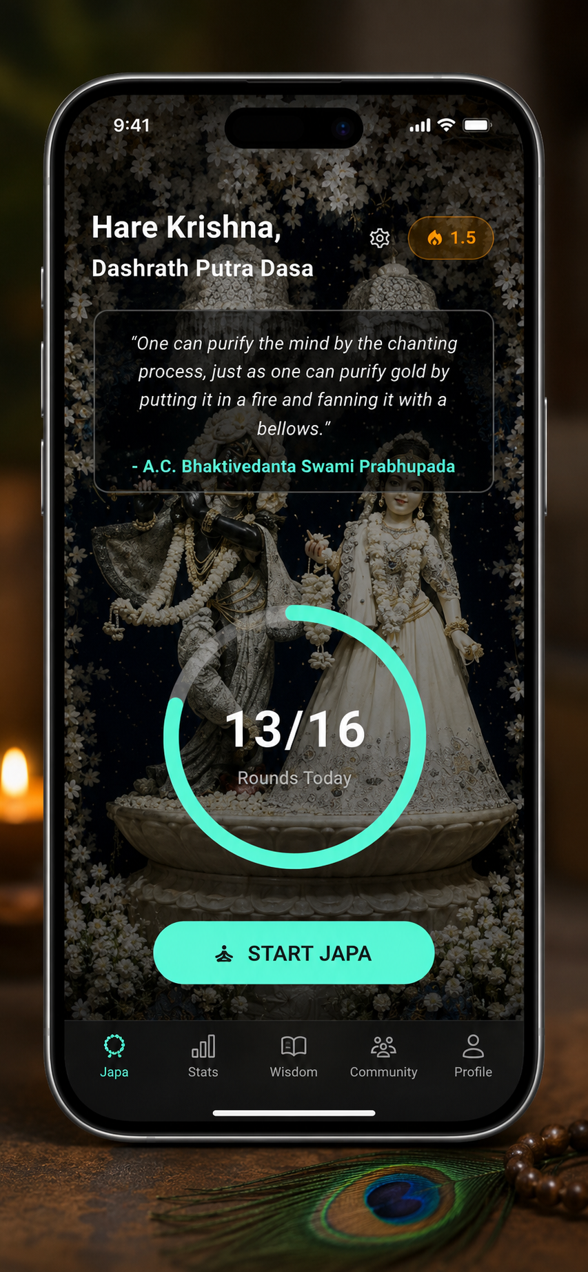 Japa Sanga App Interface showing guided japa chanting screen